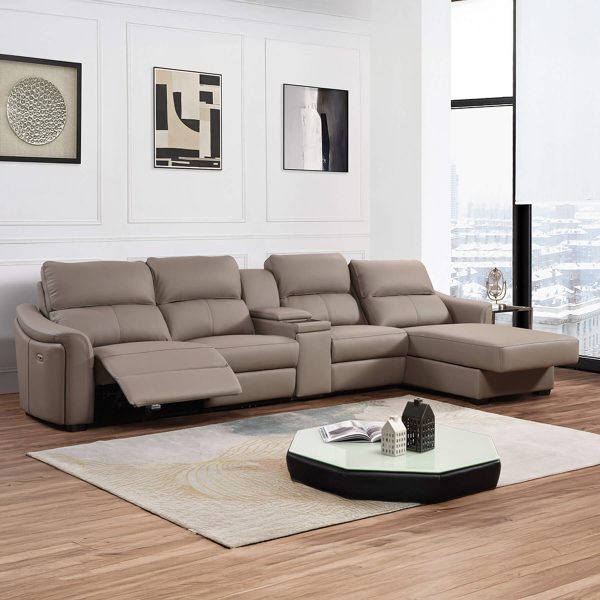 Kensington 4 Seater Chaise End with Wireless Charger Console - Jumbo Seat Size - Mushroom Genuine Italian Leather Sofa (Electric Reclining)