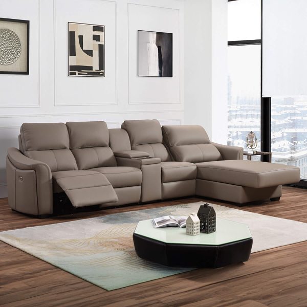 Kensington 4 Seater Chaise End with Wireless Charger Console - Standard Seat Size - Mushroom Genuine Italian Leather Sofa (Electric Reclining)
