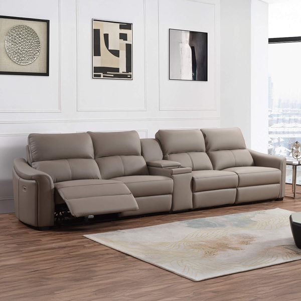 Kensington 4 Seater with Wireless Charger Console - Jumbo Seat Size - Mushroom Genuine Italian Leather Sofa (Electric Reclining)